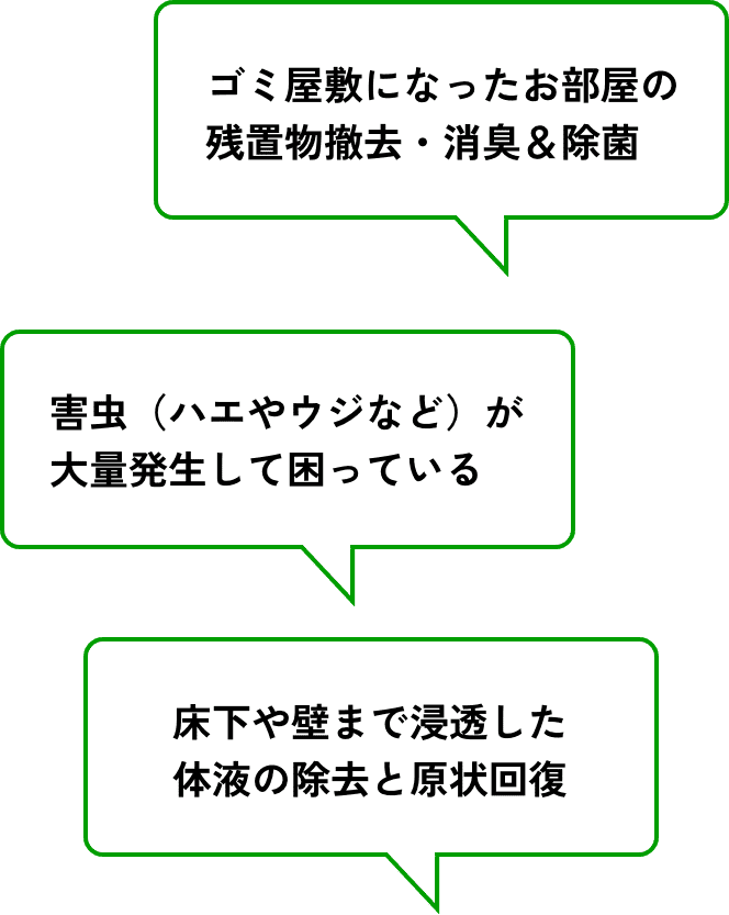 ゴミ屋敷になったお部屋の残置物撤去・消臭＆除菌。害虫（ハエやウジなど）が大量発生して困っている。床下や壁まで浸透した体液の除去と原状回復。