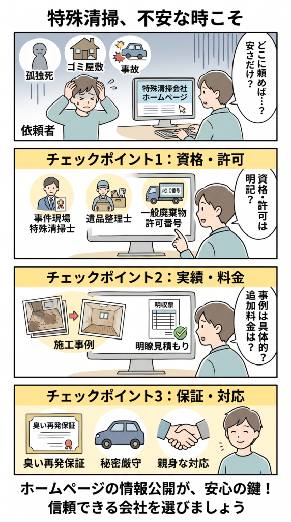 特殊清掃会社のホームページで確認すべき安心材料|資格・許可・料金・保証のチェックポイント