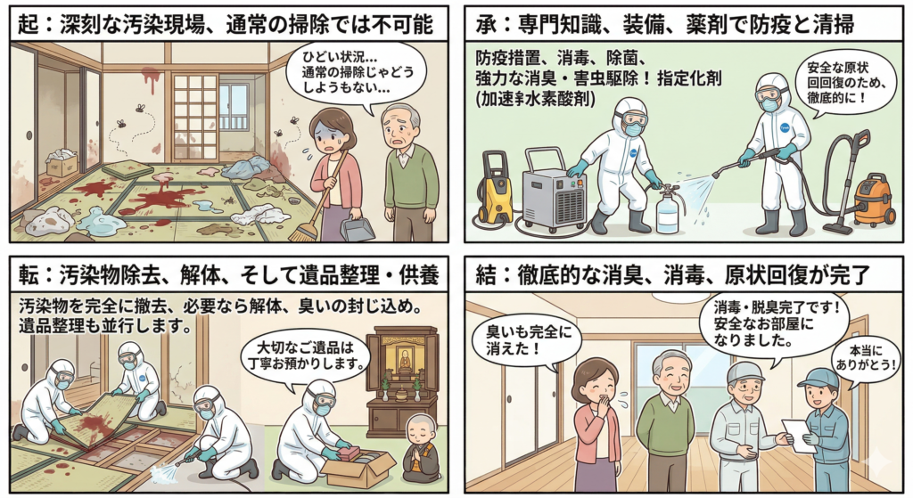 特殊清掃をまとめた4コマ漫画です。